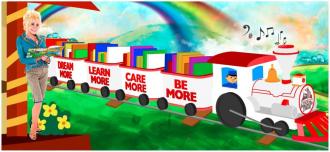 Dolly Parton's Imagination Library - Dolly with train, book and rainbow